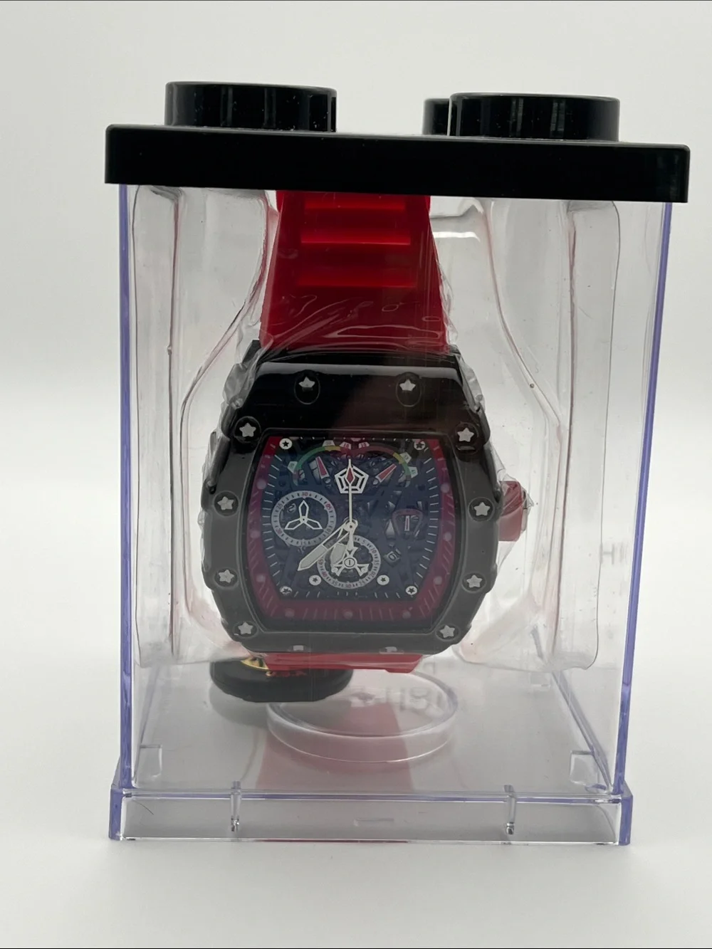 Red Skeleton-Style Sport Watch with Black Bezel